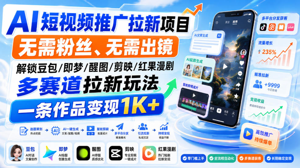 AI短视频推广拉新项目，无需粉丝、无需出镜，解锁豆包/即梦/醒图/剪映/红果漫剧多赛道拉新玩法，一条作品变现1K+-惠声资源站