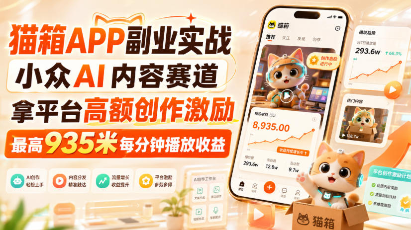 猫箱APP副业实战，小众AI内容赛道，拿平台高额创作激励，最高935米每分钟播放收益-惠声资源站