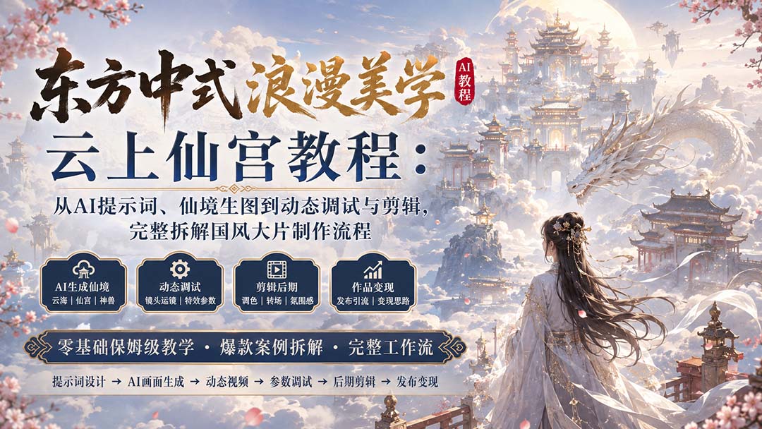 东方中式浪漫美学云上仙宫教程：从AI提示词、仙境生图到动态调试与剪辑，完整拆解国风大片制作流程-惠声资源站
