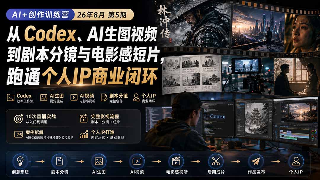 AI+创作训练营26年8月第5期：从Codex、AI生图视频到剧本分镜与电影感短片，跑通个人IP商业闭环-惠声资源站
