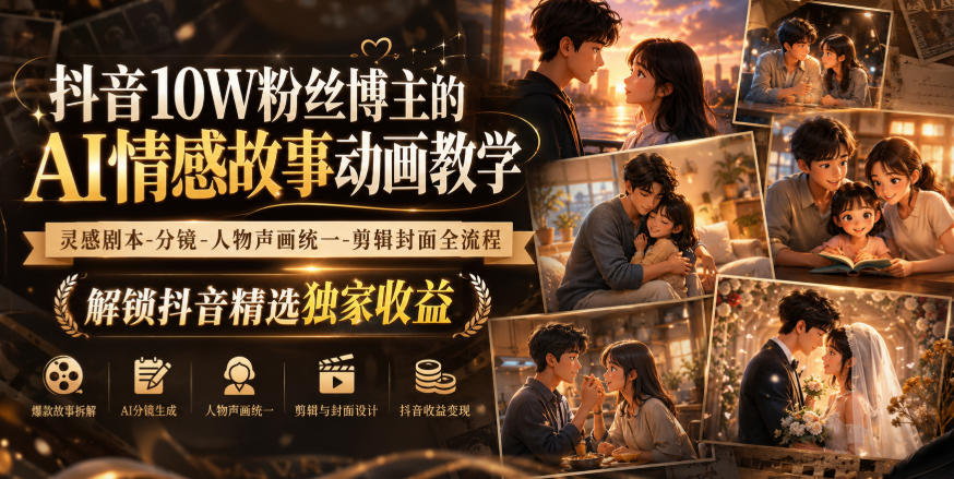 抖音10W粉丝博主的AI情感故事动画教学，灵感剧本‑分镜‑人物声画统一‑剪辑封面全流程，解锁抖音精选独家收益-惠声资源站
