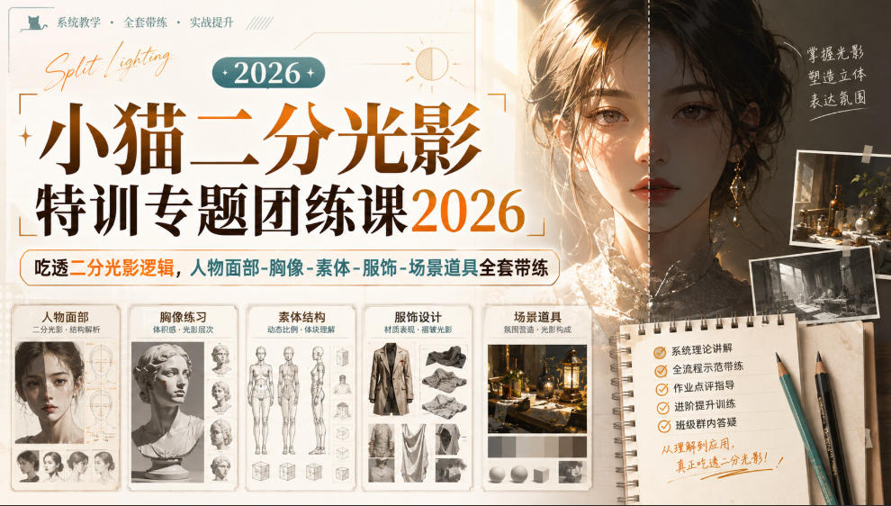 小猫二分光影特训专题团练课2026｜吃透二分光影逻辑，人物面部‑胸像‑素体‑服饰‑场景道具全套带练，高清画质附赠课件与笔刷-惠声资源站