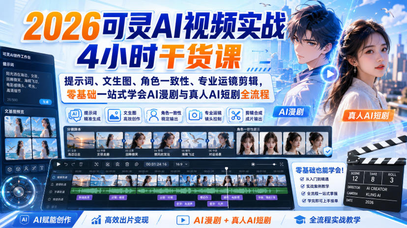 2026可灵AI视频实战4小时干货课｜提示词、文生图、角色一致性、专业运镜剪辑，零基础一站式学会AI漫剧与真人AI短剧全流程-惠声资源站