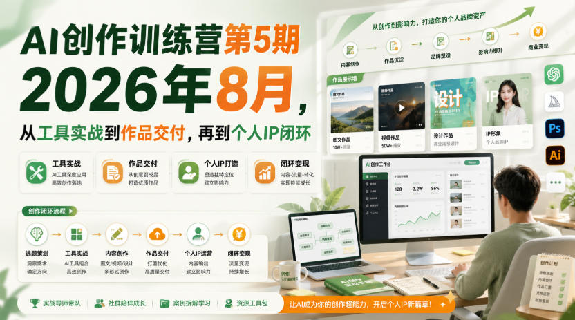 AI创作训练营第5期2026年8月，从工具实战到作品交付，再到个人IP闭环-惠声资源站