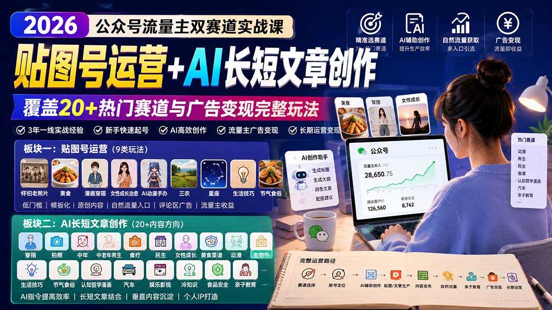 公众号流量主双赛道实战课：贴图号运营+AI长短文章创作，覆盖20+热门赛道与广告变现完整玩法-惠声资源站