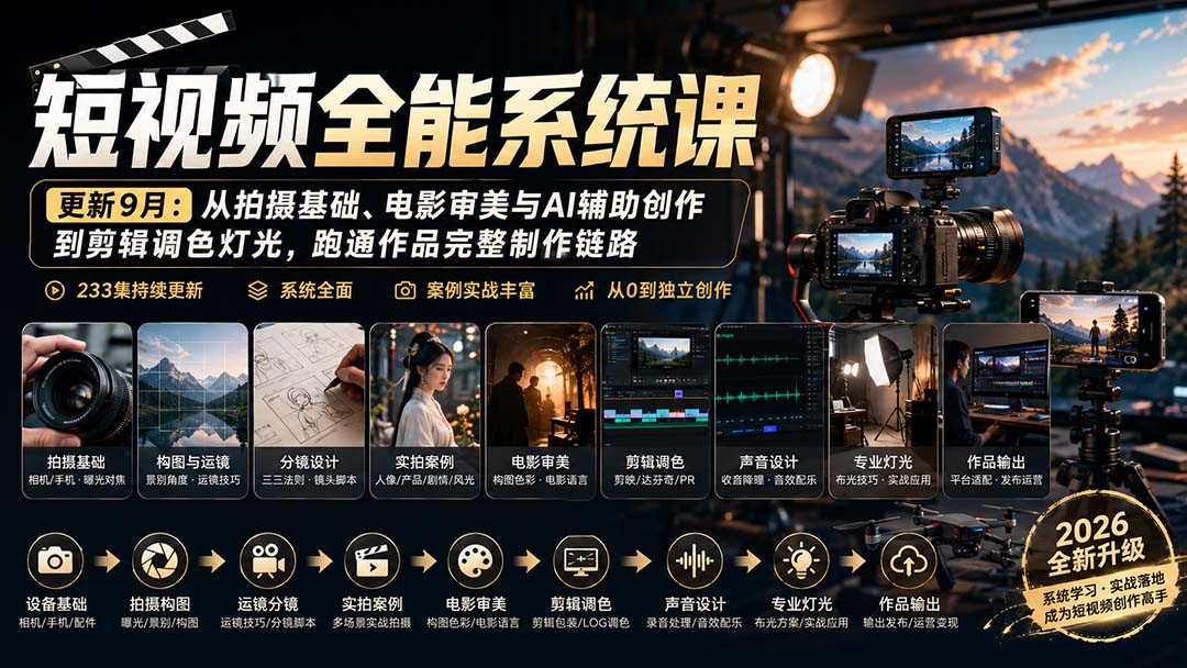 短视频全能系统课-更新8月233集：从拍摄基础、电影审美与AI辅助创作到剪辑调色灯光，跑通作品完整制作链路-惠声资源站