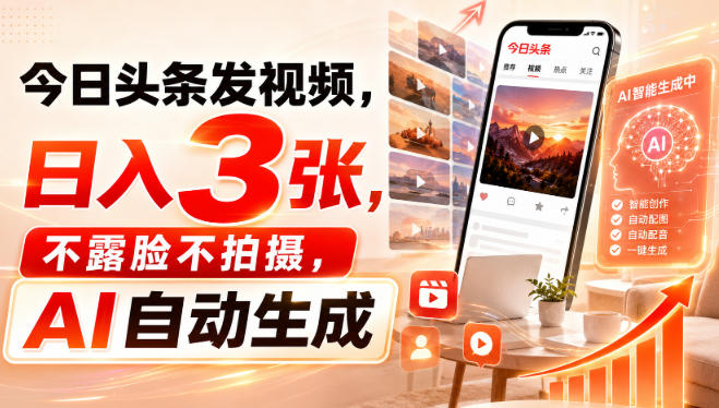 今日头条发视频，日入3张，不露脸不拍摄，AI自动生成-惠声资源站