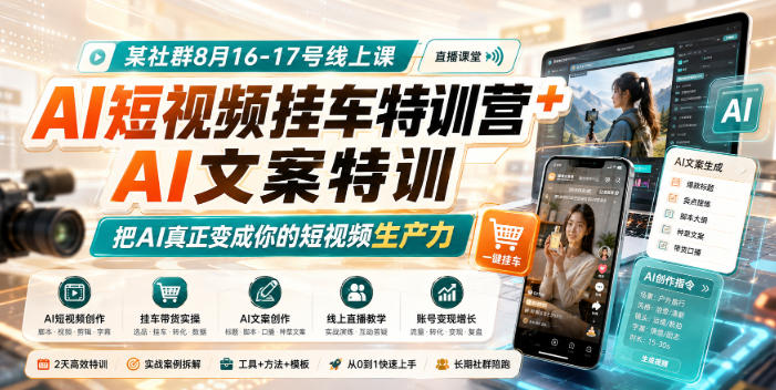 某社群8月16-17号线上课，AI短视频挂车特训营+AI文案特训，把AI真正变成你的短视频生产力-惠声资源站