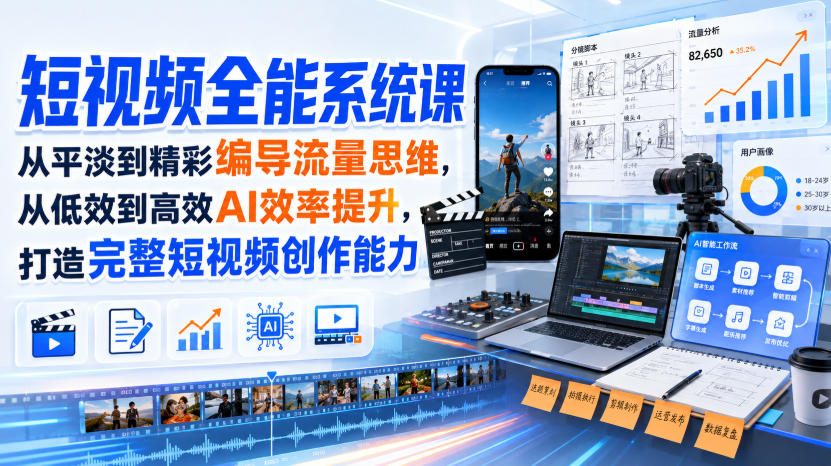 短视频全能系统课，从平淡到精彩编导流量思维，从低效到高效AI效率提升，打造完整短视频创作能力(2026年8月30更新233集)-惠声资源站