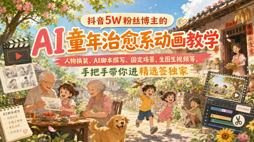 抖音5W粉丝博主的AI童年治愈系动画教学，人物换装、AI脚本撰写、固定场景、生图生视频等，手把手带你进精选签独家-惠声资源站