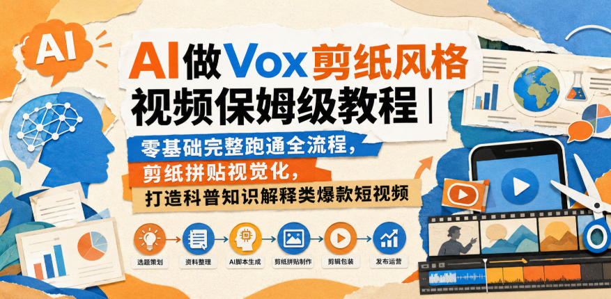 AI做Vox剪纸风格视频保姆级教程｜零基础完整跑通全流程，剪纸拼贴视觉化，打造科普知识解释类爆款短视频-惠声资源站