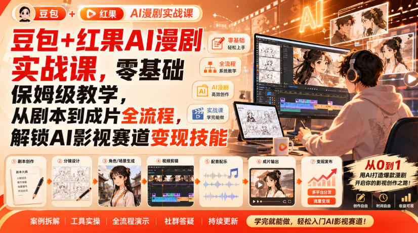 豆包+红果AI漫剧实战课，零基础保姆级教学，从剧本到成片全流程，解锁AI影视赛道变现技能-惠声资源站