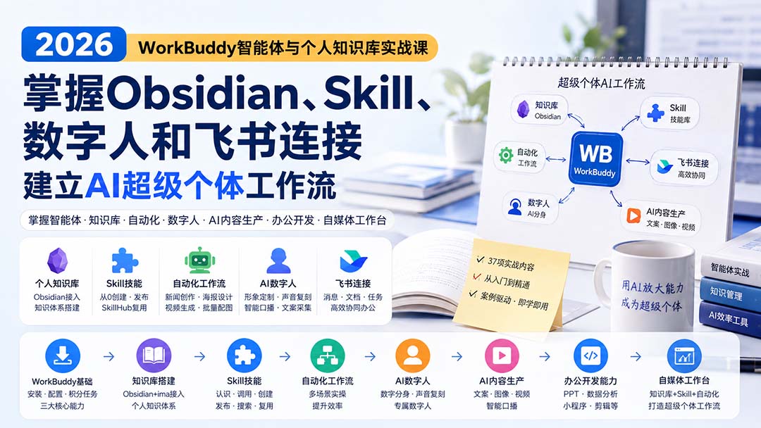 2026 WorkBuddy智能体与个人知识库实战课：掌握Obsidian、Skill、数字人和飞书连接，建立AI超级个体工作流-惠声资源站