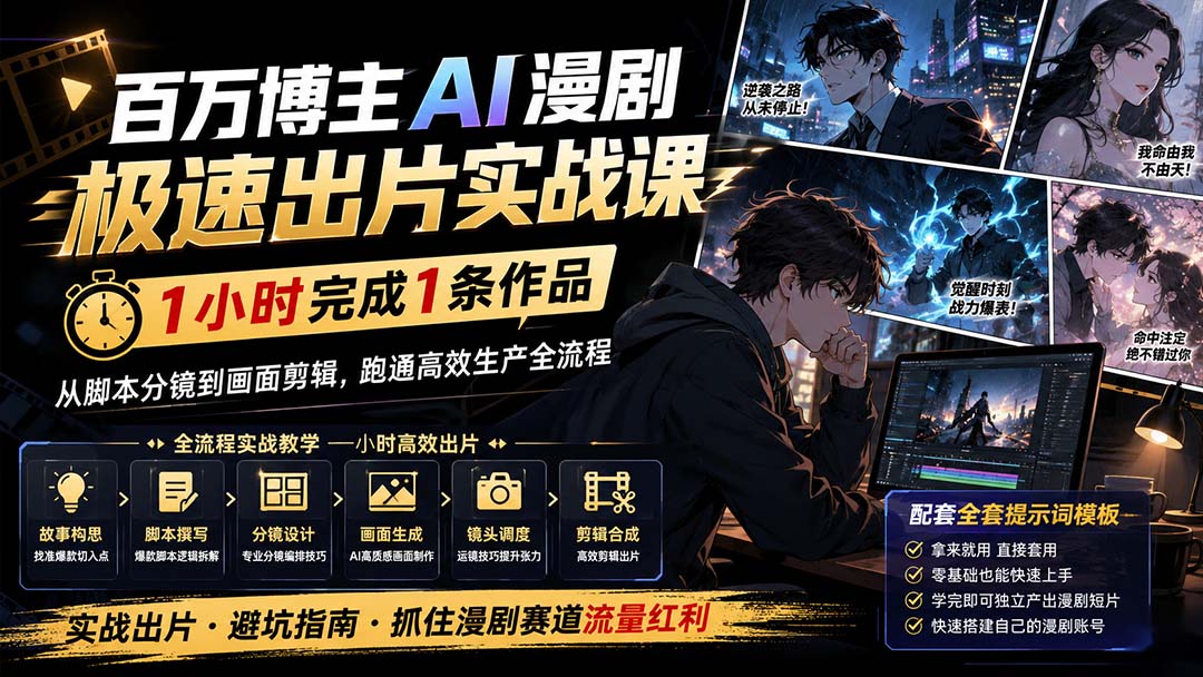 百万博主AI漫剧极速出片实战课：1小时产出条作品，从脚本分镜到画面剪辑，跑通高效生产全流程-惠声资源站