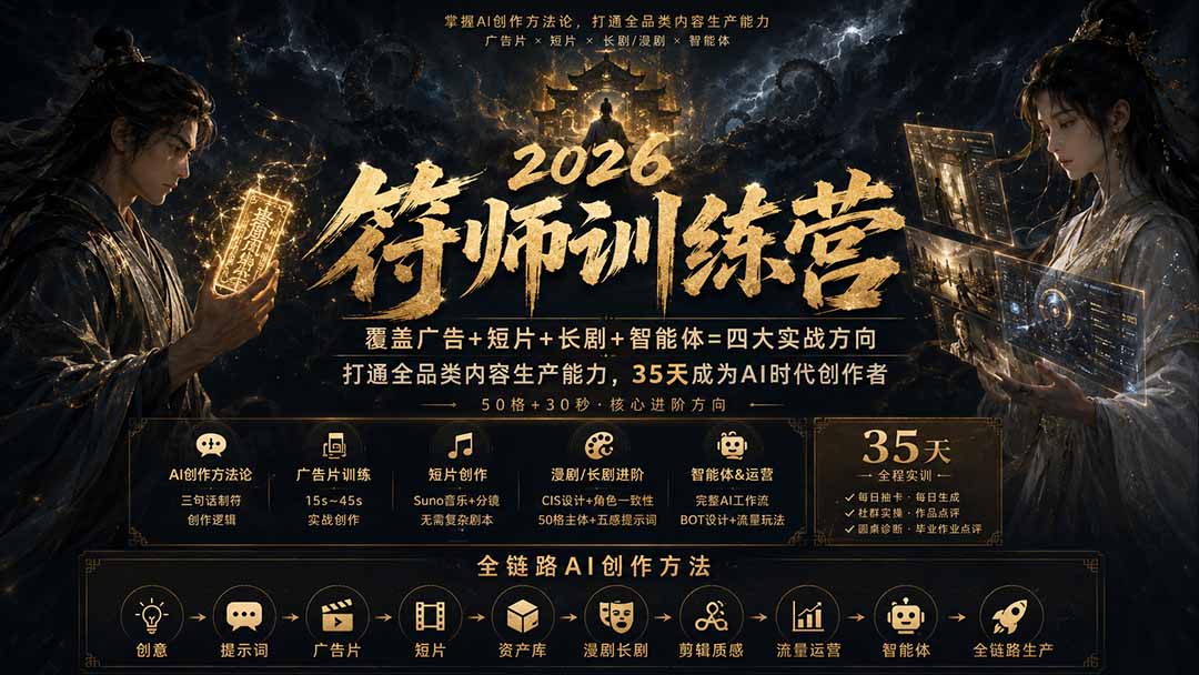 符师训练营-35天成为AI时代创作者，广告+短片+漫剧+智能体四大实战方向，掌握从创意到上线的完整工作流-惠声资源站