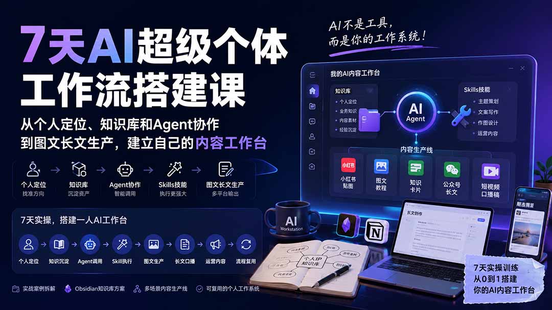 7天AI超级个体工作流搭建课：从个人定位、知识库和Agent协作到图文长文生产，建立自己的内容工作台-惠声资源站