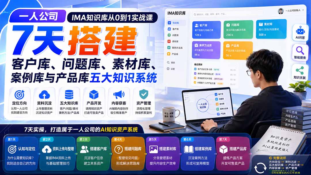 一人公司IMA知识库从0到1实战课：7天搭建客户库、问题库、素材库、案例库与产品库五大知识系统-惠声资源站