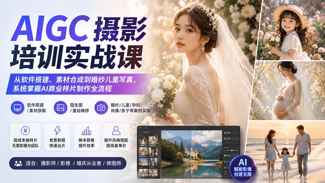 AIGC摄影培训实战课：从软件搭建、素材合成到婚纱儿童写真，系统掌握AI商业样片制作全流程-惠声资源站