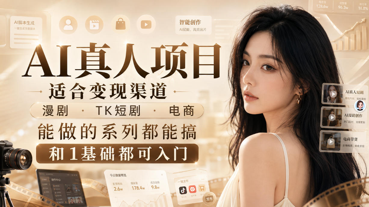 AI真人项目，适合变现渠道，漫剧，TK短剧，电商，能做的系列都能搞，0和1基础都可入门-惠声资源站