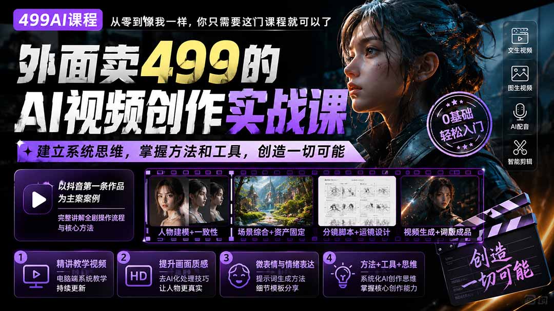 外面卖499的AI视频创作实战课：建立系统思维，掌握方法和工具，创造一切可能。-惠声资源站