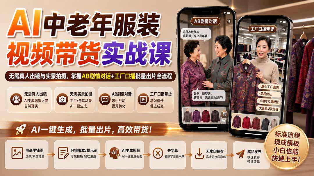 AI中老年服装视频带货实战课：无需真人出镜与实景拍摄，掌握AB剧情对话+工厂口播批量出片全流程-惠声资源站