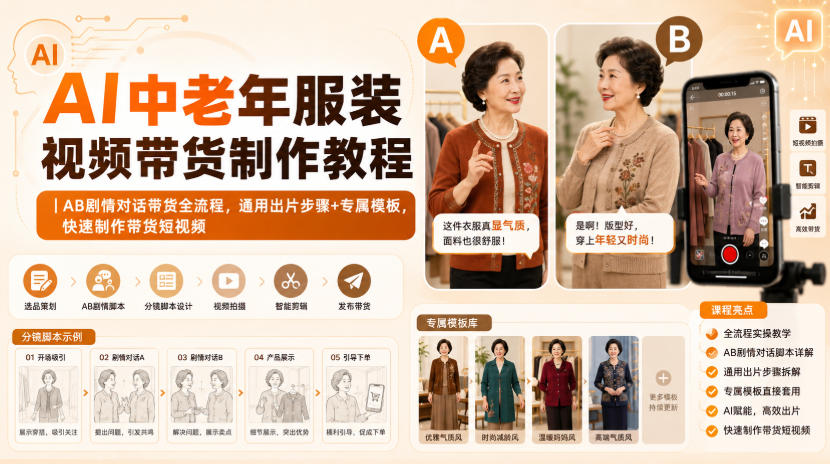 AI中老年服装视频带货制作教程｜AB剧情对话带货全流程，通用出片步骤+专属模板，快速制作带货短视频-惠声资源站