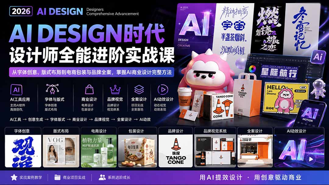 2026AI DESIGN时代设计师全能进阶实战课：从字体创意、版式布局到电商包装与品牌全案，掌握AI商业设计完整方法-惠声资源站