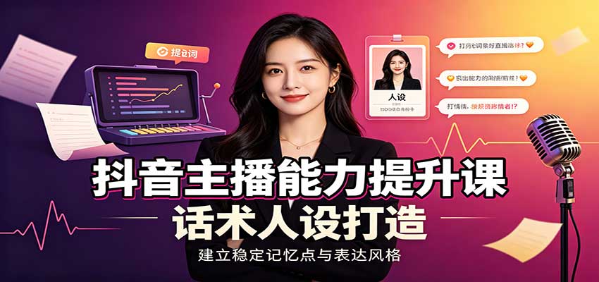 抖音主播能力提升课：账号底层逻辑，直播间搭建调试，话术人设打造全套教学-惠声资源站