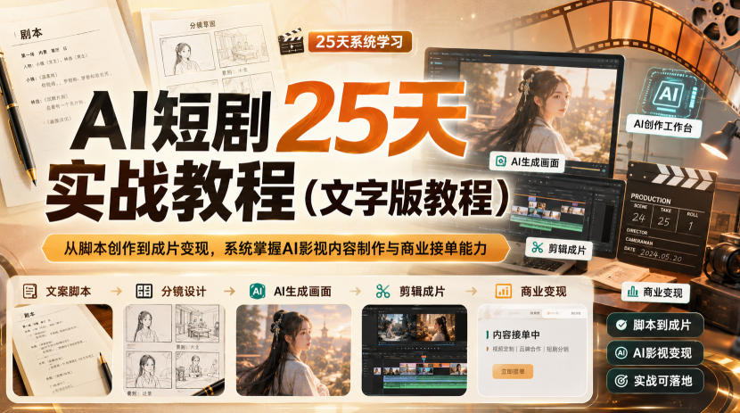 AI短剧25天实战教程(文字版教程)，从脚本创作到成片变现，系统掌握AI影视内容制作与商业接单能力-惠声资源站