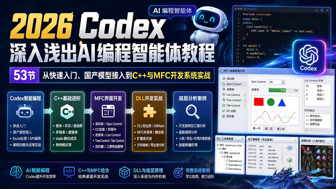 2026 Codex深入浅出AI编程智能体教程：53节从快速入门、国产模型接入到C++与MFC开发系统实战-惠声资源站