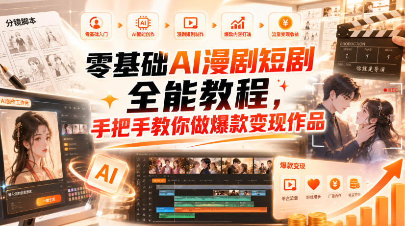 零基础AI漫剧短剧全能教程，从AI智能体搭建、文案脚本分镜、多平台AI生视频、剪映精修，覆盖全题材创作，手把手教你做爆款变现作品-惠声资源站
