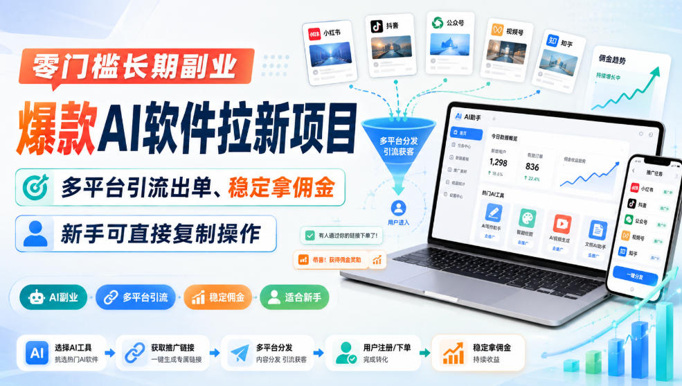 零门槛长期副业，爆款AI软件拉新项目，多平台引流出单、稳定拿佣金，新手可直接复制操作-惠声资源站