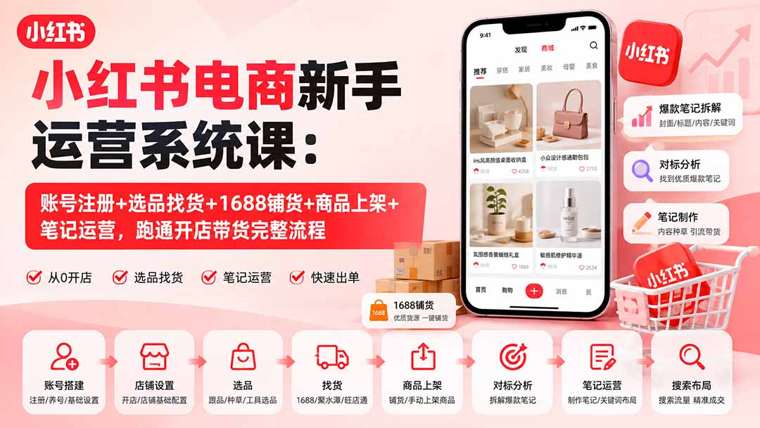 小红书电商新手运营系统课：账号注册+选品找货+1688铺货+商品上架+笔记运营，跑通开店带货完整流程-惠声资源站