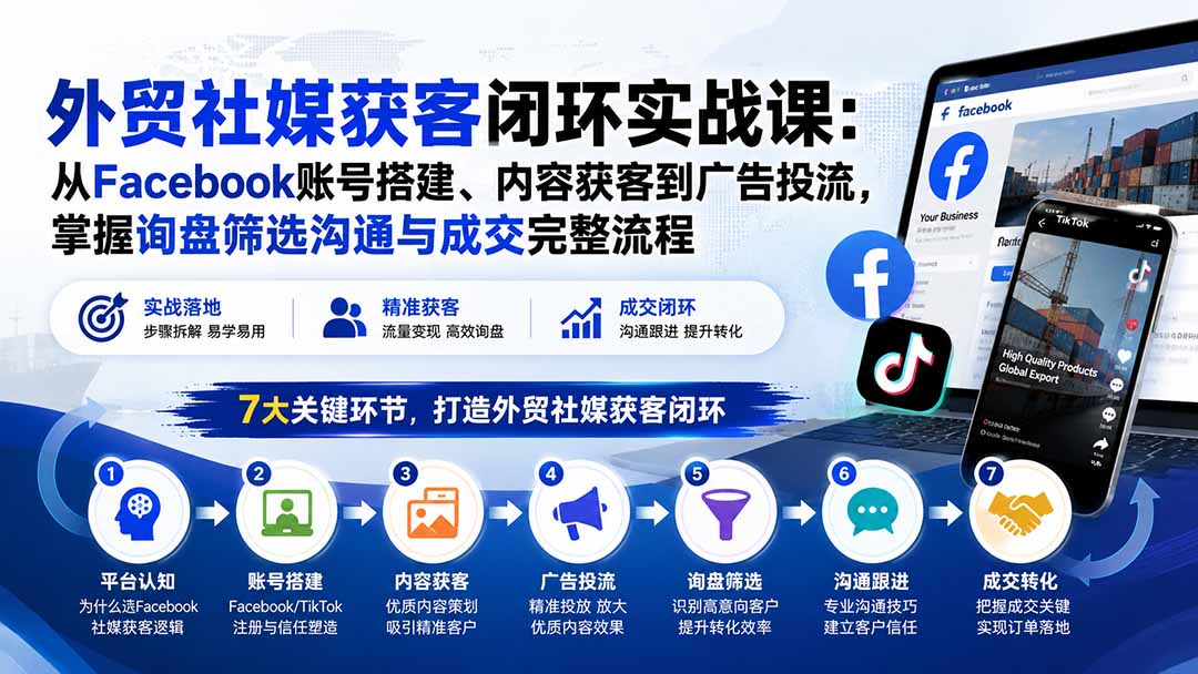 外贸社媒获客闭环实战课：从Facebook账号搭建、内容获客到广告投流，掌握询盘筛选沟通与成交完整流程-惠声资源站