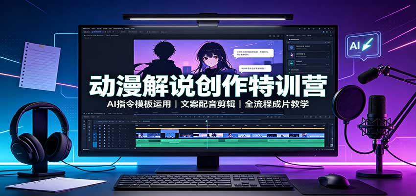 动漫解说创作特训营：AI指令模板运用，文案配音剪辑，全流程成片教学-惠声资源站
