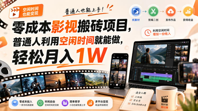 零门槛影视搬砖项目，月入万元，玩法稳定普通人可落地的长期副业！-惠声资源站