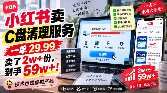 小红书卖C盘清理服务，一单29.99，卖了2w+份，技术也是虚拟产品-惠声资源站