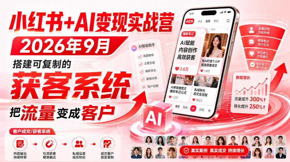 小红书+AI变现实战营2026年9月，搭建可复制的获客系统，把流量变成客户！-惠声资源站