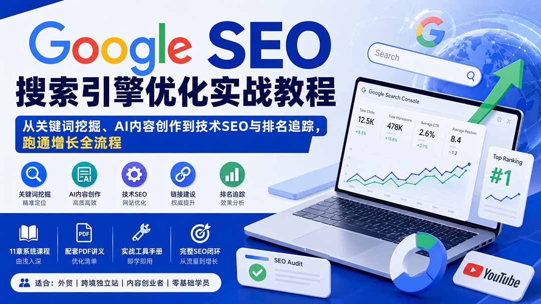 Google SEO搜索引擎优化实战教程：从关键词挖掘、AI内容创作到技术SEO与排名追踪，跑通增长全流程-惠声资源站