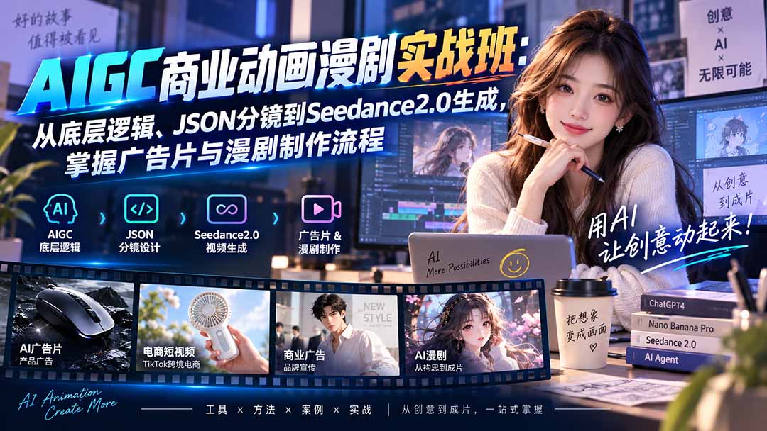 AIGC商业动画漫剧实战班-更新：从底层逻辑、JSON分镜到Seedance2.0生成，掌握广告片与漫剧制作流程-惠声资源站