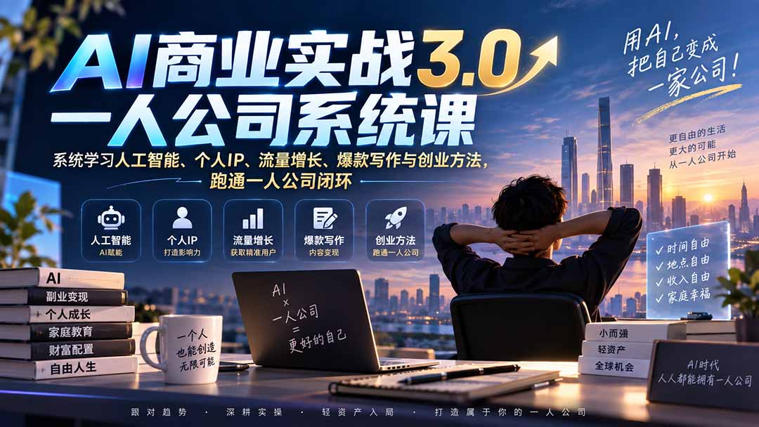 AI商业实战3.0一人公司系统课：系统学习人工智能、个人IP、流量增长、爆款写作与创业方法，跑通一人公司闭环-惠声资源站