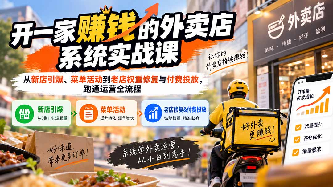 开一家赚钱的外卖店系统实战课：从新店引爆、菜单活动到老店权重修复与付费投放，跑通运营全流程-惠声资源站