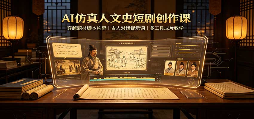 AI仿真人文史短剧创作课：穿越题材脚本构思，古人对话提示词，多工具成片教学-惠声资源站
