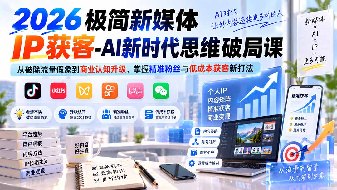 2026极简新媒体IP获客-AI新时代思维破局课：从破除流量假象到商业认知升级，掌握精准粉丝与低成本获客新打法-惠声资源站