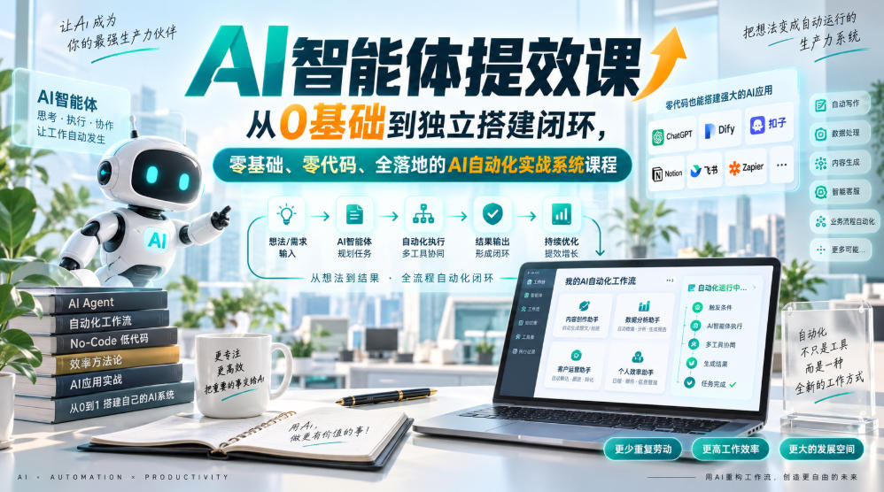AI智能体提效课，从0基础到独立搭建闭环，零基础、零代码、全落地的AI自动化实战系统课程-惠声资源站