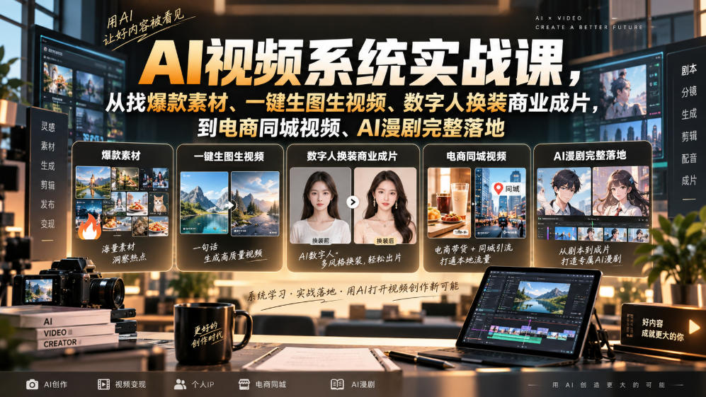 AI视频系统实战课，从找爆款素材、一键生图生视频、数字人换装商业成片，到电商同城视频、AI漫剧完整落地-惠声资源站