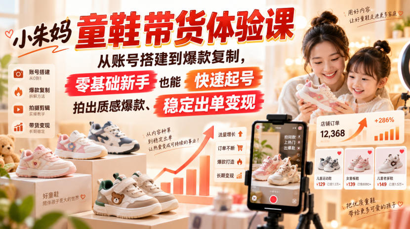 小朱妈童鞋带货体验课，从账号搭建到爆款复制，零基础新手也能快速起号、拍出质感爆款、稳定出单变现-惠声资源站