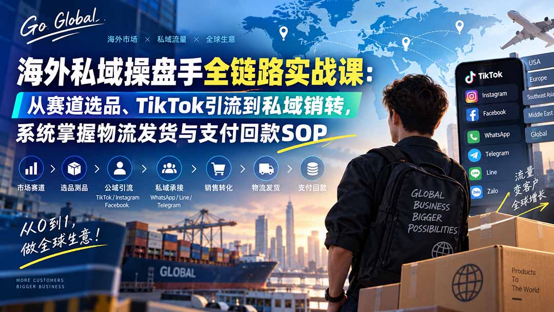 海外私域操盘手全链路实战课：从赛道选品、TikTok引流到私域销转，系统掌握物流发货与支付回款SOP-惠声资源站