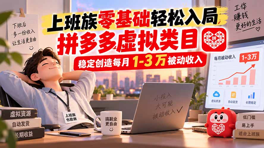 上班族零基础轻松入局，拼多多虚拟类目，稳定创造每月 1-3 万被动收入-惠声资源站
