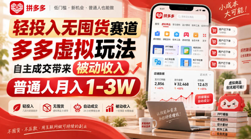 轻投入无囤货赛道，多多虚拟玩法自主成交带来被动收入，普通人月入1-3W-惠声资源站